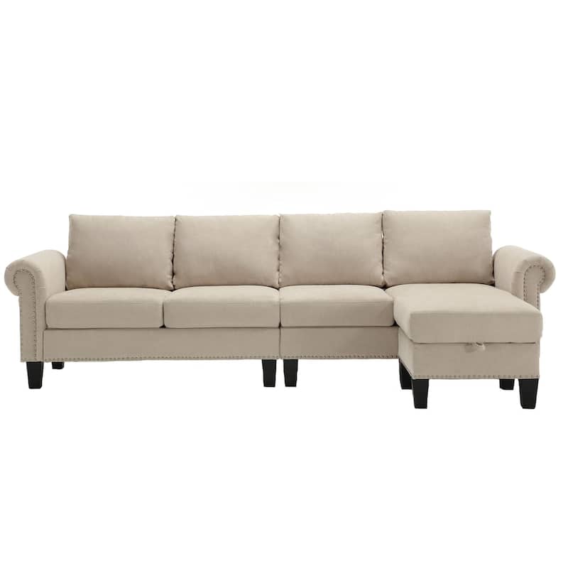 106Inch 4 Seater Convertible Sectional Sofa Couch with Storage Ottoman - Beige