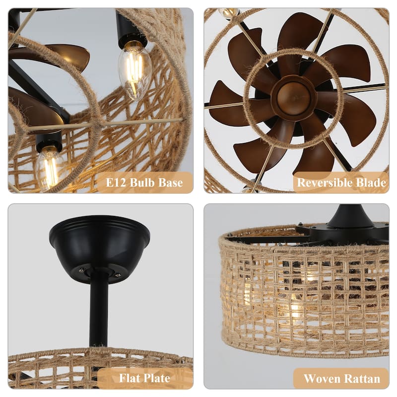 Cusp Barn 18" Boho Ceiling Fan with Remote Control, Caged Rattan 6-Light 3 Speeds Reversible Fandelier for Bedroom Living Room