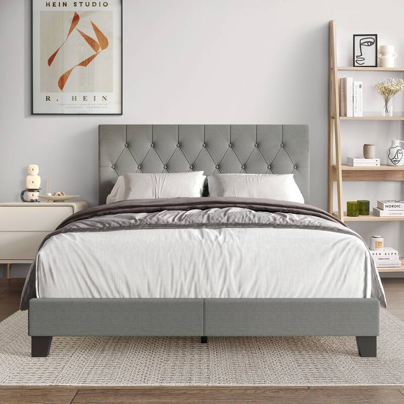 CraftPorch Simple Button Tufted Linen Upholstered Bed