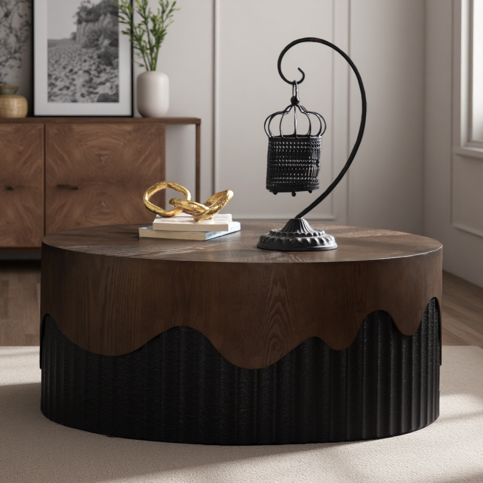 30.31" Round Wood Coffee Table with Handcrafted Relief and Pedestal Base