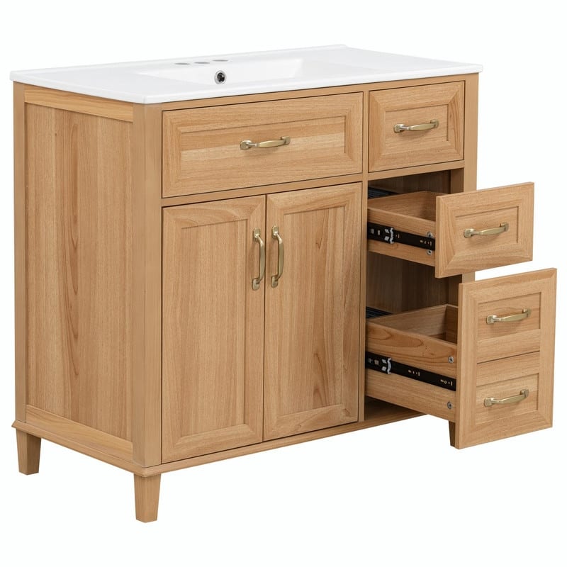 36 Inch Bathroom Vanity with Ceramic Sink, Modern Wood Grain Cabinet with Solid Rubberwood Legs, Soft-Close Doors & 4 Drawers