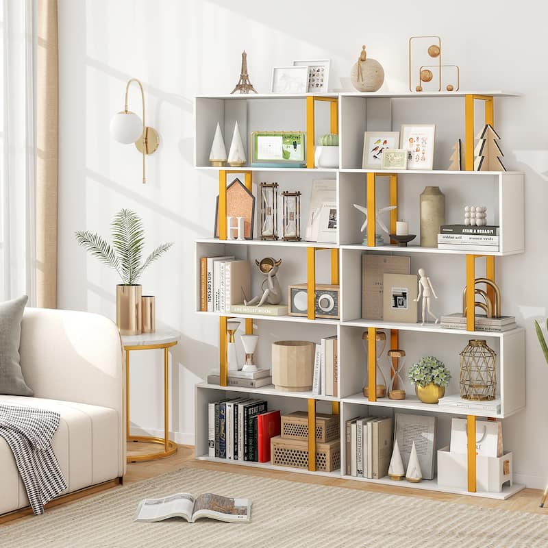 Gymax 2 PCS 5-Tier Geometric Bookcase 62-Inch S-Shaped Bookshelf w/