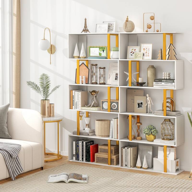 Gymax 5-Tier Geometric Bookcase 62-Inch S-Shaped Bookshelf w/ Metal