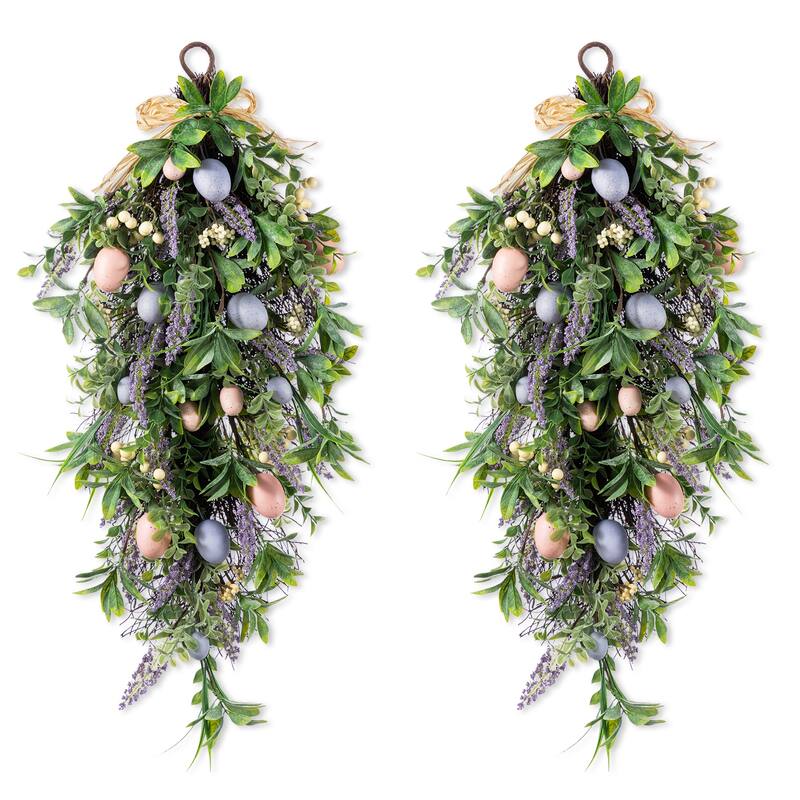 Glitzhome 28"H Easter Egg & Lavender Teardrop Swag Door Hanger - 2PK Teardrop