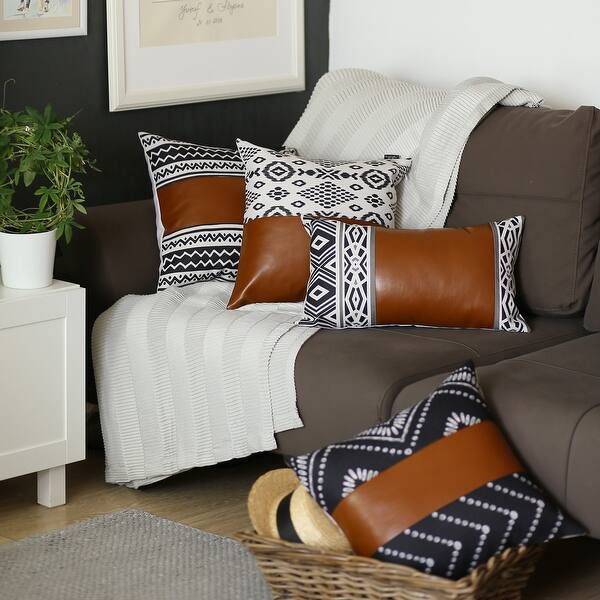 Set Of 2 Ikat Styled Patterns And Bright Brown Faux Leather Pillow Covers Set Of 2 Ikat Styled Patterns And Bright Brown Faux Leather Pillow Covers