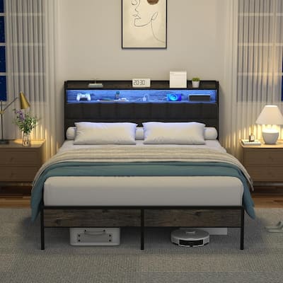 Queen Bed Frame, Ergonomic Headboard with Multi-Space Storage, Bedframe with Charging Station RGB LED Lights