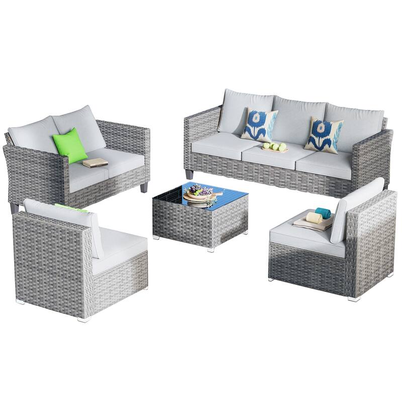 OVIOS 5-Piece Deep Seat Wicker Outdoor Patio Furniture Set