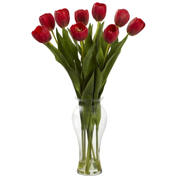 Nearly Natural 24 Tulips with Vase Arrangement - Red