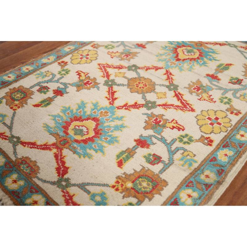 Floral Kazak Oriental Foyer Rug Hand-Knotted Beige Wool Carpet - 2'0" x 3'0"