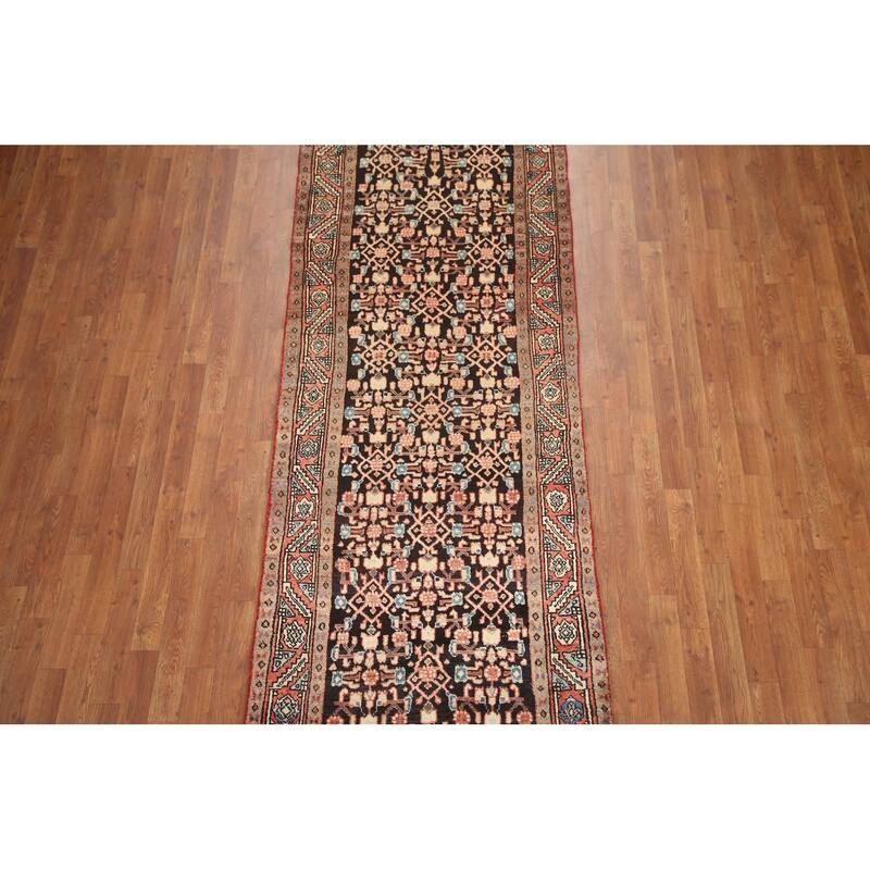 Hand Knotted Oriental 100% Wool Carpet Traditional Geometric Black Mahal Runner Rug - 9' 5'' X 3' 3''
