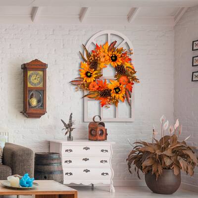Glitzhome Wooden Window Frame with Wreath