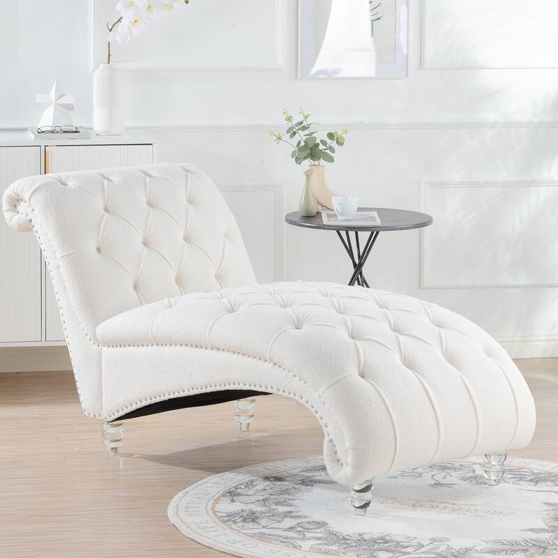Modern 27.17" Upholstered Buttons Tufted Chaise Lounge Chair with Solid Wood Frame and Nailheads - White