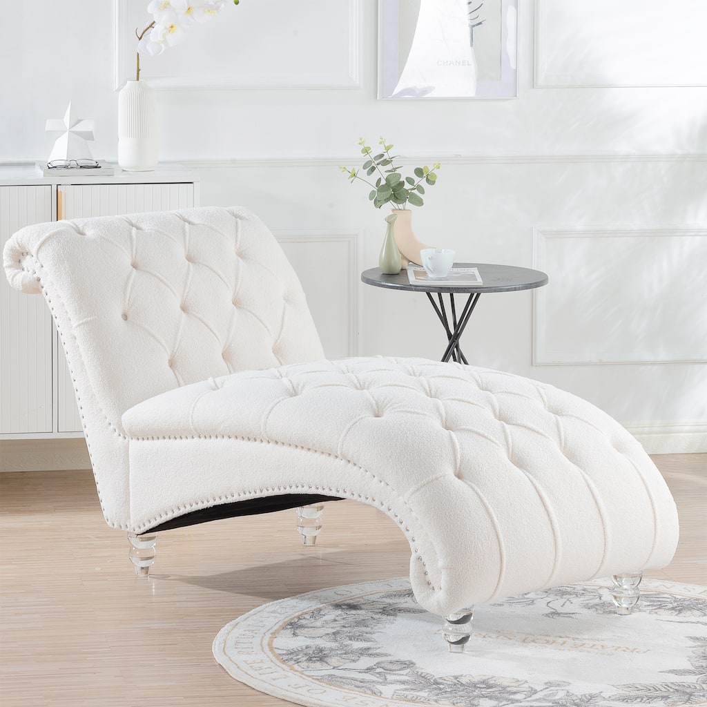 Tufted Chaise Lounge, Rivets Chaise Lounge Chair for Living Room, Armless Upholstered Chaise Chair with Wood Legs for Bedroom