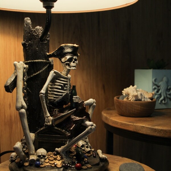 Zeckos 21 Inch Pirate Skeleton Table Lamp With Treasure Map Shade