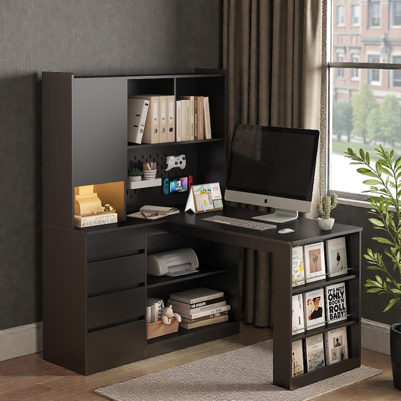 L Shaped Computer Desk with Drawers and Bookshelf, Corner Desk with LED Light and Power Outlets for Home Office