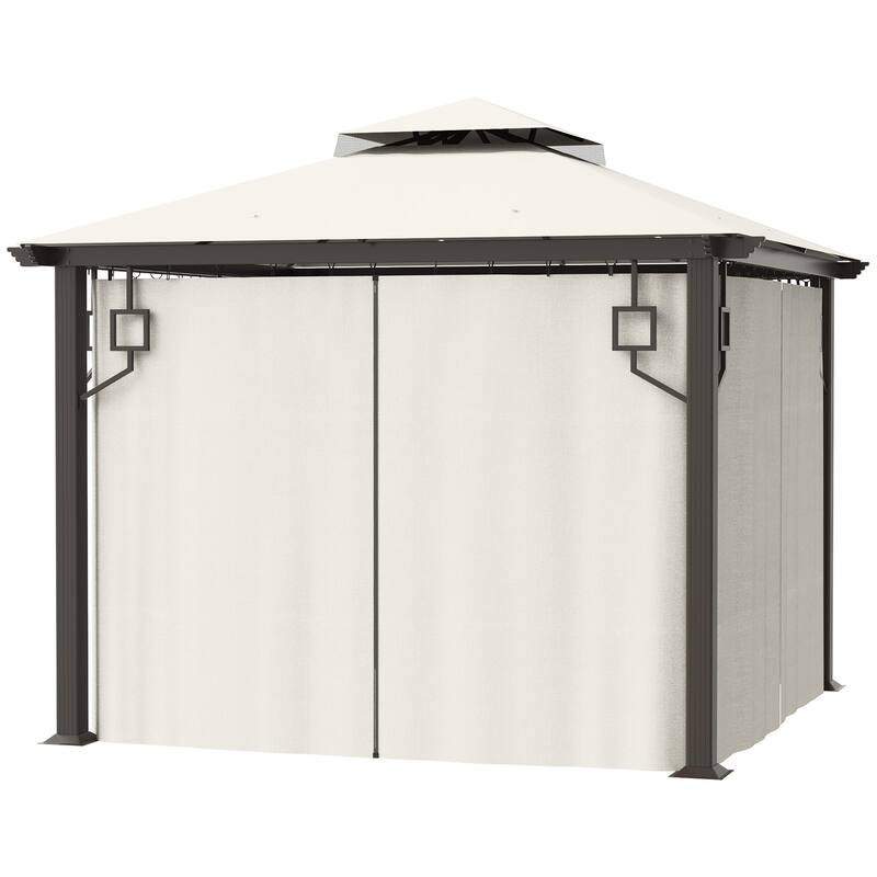 Outsunny 10' x 10' Patio Gazebo Outdoor Canopy Shelter with Aluminum Frame, Double Tier Roof, Netting and Curtains