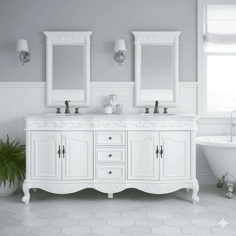 Benton Collection 64 Inch Antique White Traditional Style Double Sink White Top Beckham Bathroom Vanity - 64 inch