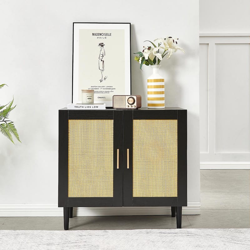 Anmytek Modern Black Rattan Buffet Cabinet Sideboard Kitchen Storage Credenza with Gold Handles - Black