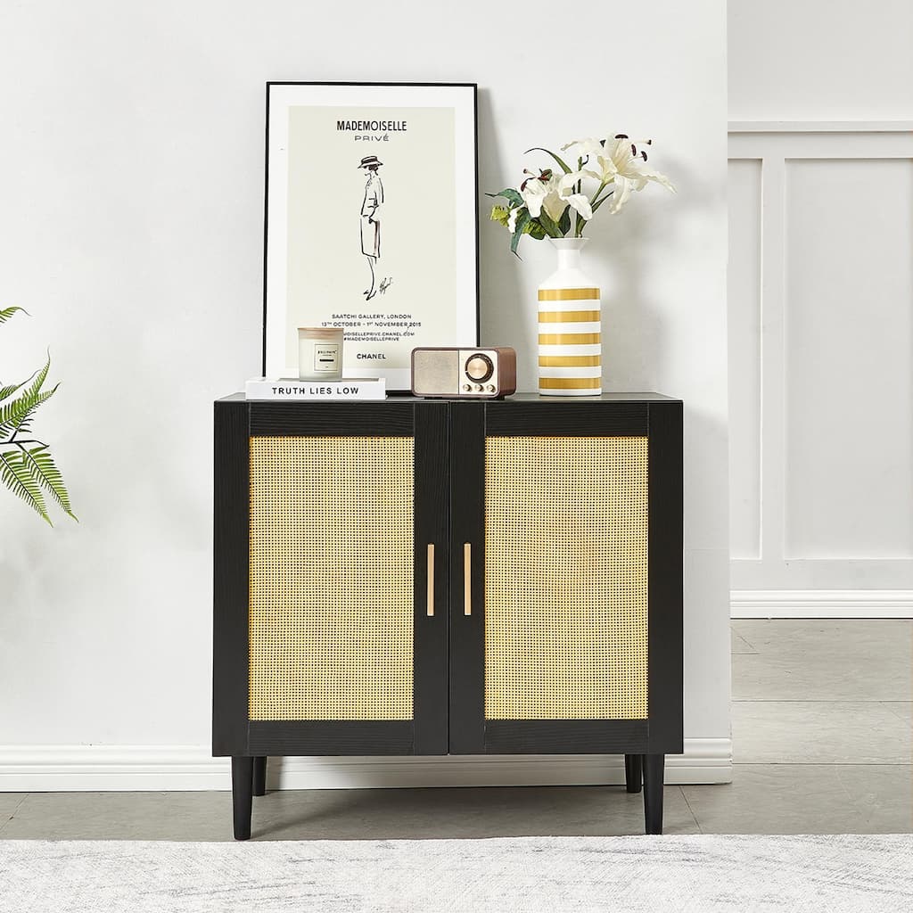 Anmytek Modern Black Rattan Buffet Cabinet Sideboard Kitchen Storage Credenza with Gold Handles