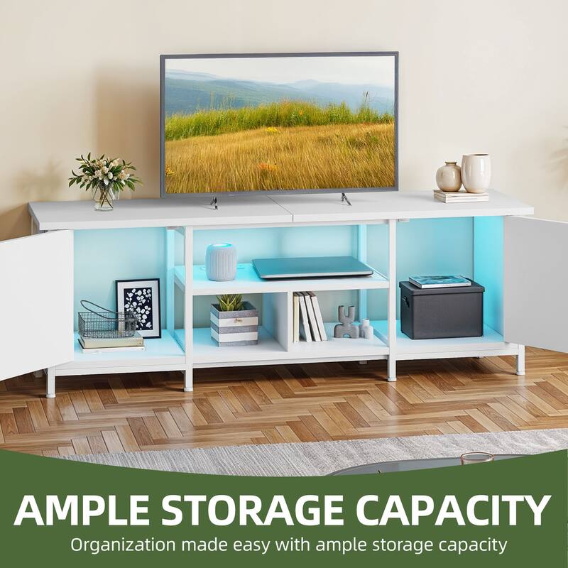 Moasis Farmhouse TV Stand with LED & Charging, Storage Cabinet and Shelves for TVs up to 70", Black