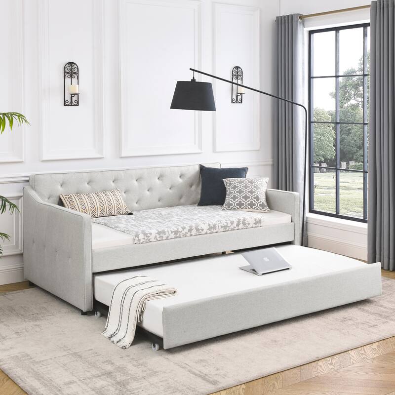 Roomfitters Twin Upholstered Daybed with Twin Trundle, Tufted Backrest and Elegant Waved Arms