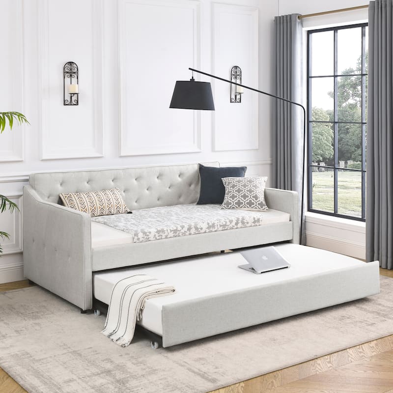 Twin Size Tufted Upholstered Daybed w/ Twin Size Trundle & Waved Shape Arms Sofa Bed, Beige - Beige