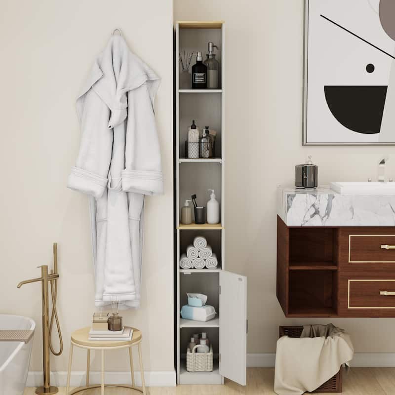 72"Tall Slim Storage Cabinet, 6-Tier Narrow Freestanding Cabinet with 1 Door and 2 Adjustable Shelves, Bookcase Display Shelves