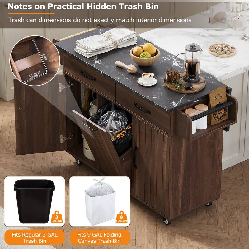 Rolling Kitchen Island Cart with Trash Can Storage, Drop Leaf, Spice Rack, Drawer & Towel Rack, Mobile Island