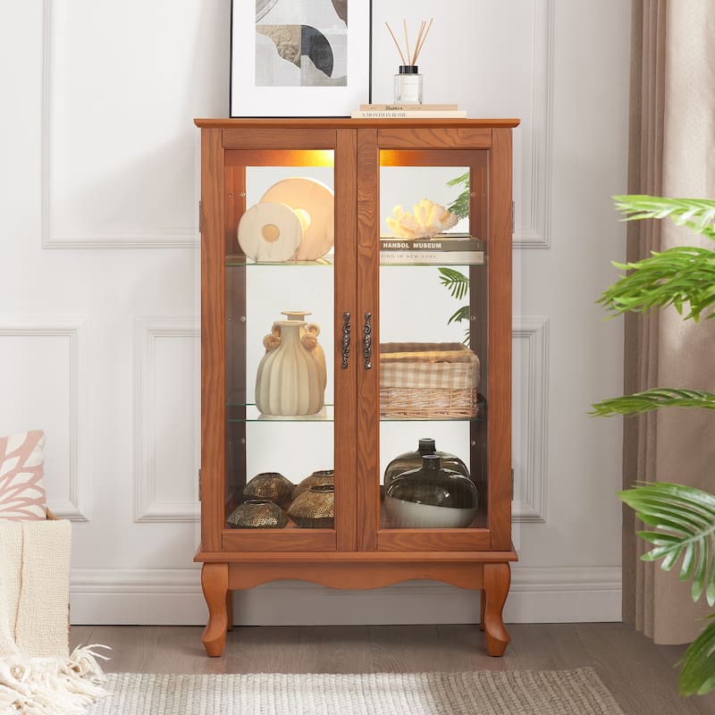 Lighted Curio Cabinet, Display Cabinet with Tempered Glass Doors, China Cabinet with Adjustable Shelves & Mirrored Back Pane