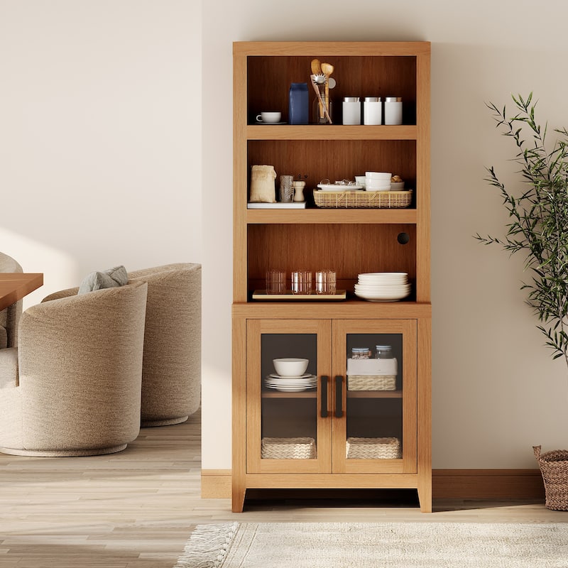 WAMPAT 3 Tier Bookshelf with Glass Door, 74" Tall Bookcase with Adjustable Shelf and Storage Cabinet, Farmhouse Wooden Bookshelf