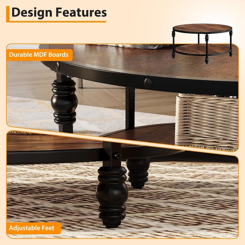 Round Coffee Table for Living Room Rustic Center Table with Storage