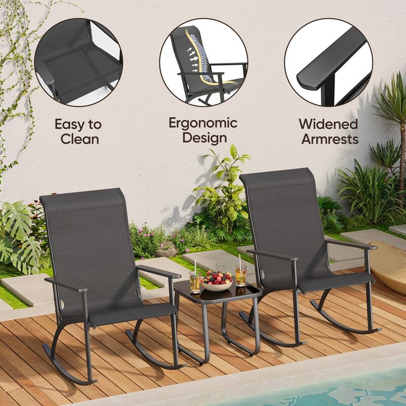 3-Piece Outdoor Bistro Set - Rattan Rocking Chairs With Coffee Table, Ergonomic Patio Furniture with High Backrest