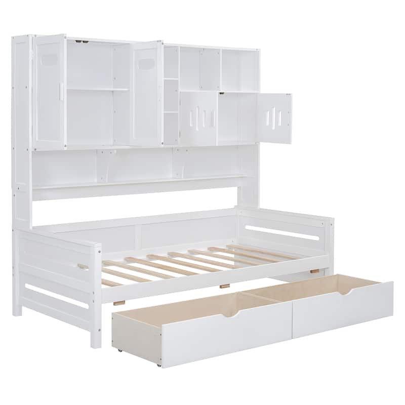 Twin Size Daybed with Bookcase Headboard and Shelves, Wooden Platform Bed Frame with 2 Drawers and All-in-One Storage Cabinet