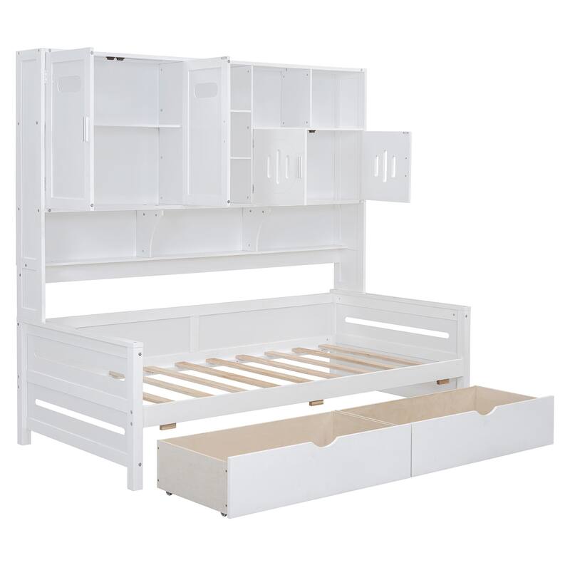 Wooden Daybed with Storage Cabinet and Smooth-Sliding Drawers for Living Room, Guest Rooms