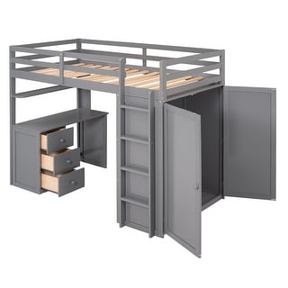 Twin Wooden Loft Bed with Wardrobe, Drawers & Desk, Gray