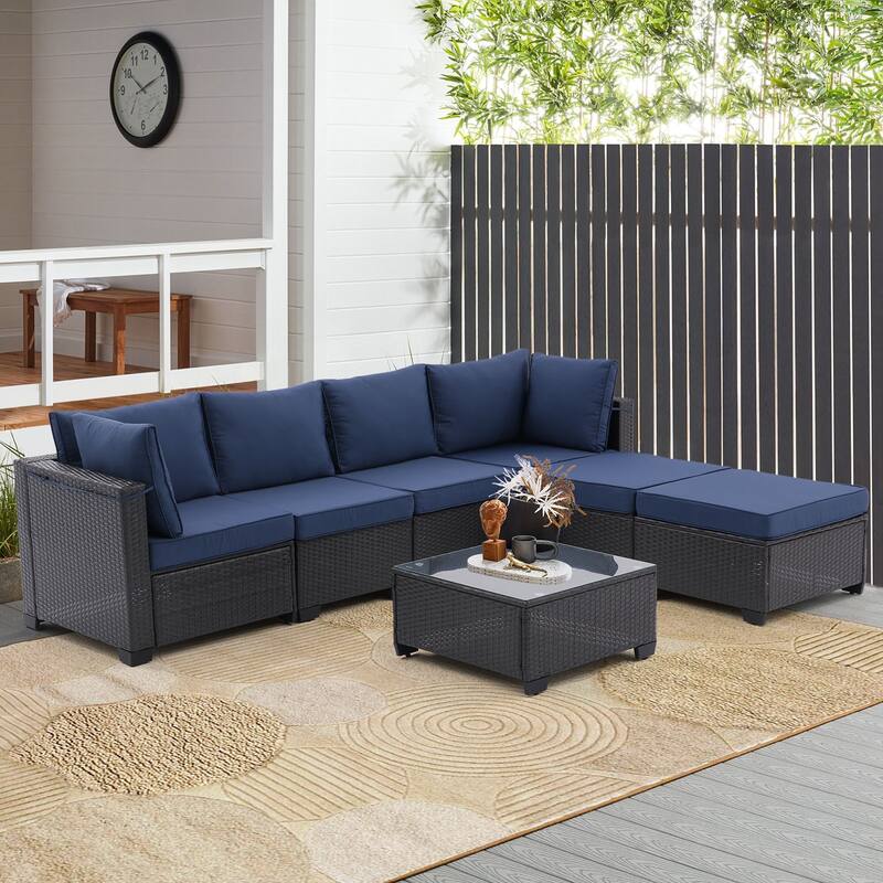 Modern Patio Sectional Couch Furniture Set,Coffee Rattan Sofa Set with Corner Chairs,Ottomans and Glass Top Table,Blue Cushions - Dark Coffee+Blue
