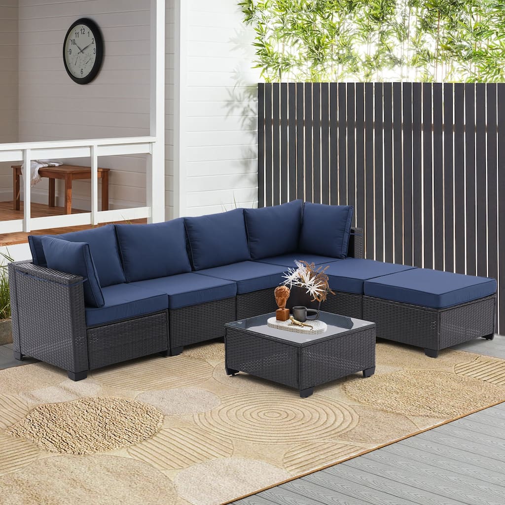 Modern Patio Sectional Couch Furniture Set,Coffee Rattan Sofa Set with Corner Chairs,Ottomans and Glass Top Table,Blue Cushions