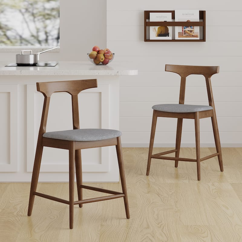 Mugo Upholstered 24.5 Inch Counter Stools by Christopher Knight Home - Walnut/Light Gray