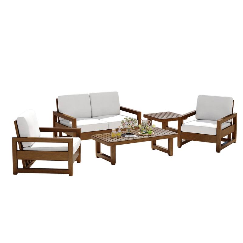 5-Piece Patio Wood Conversation Set with Loveseat, Chairs and Tables