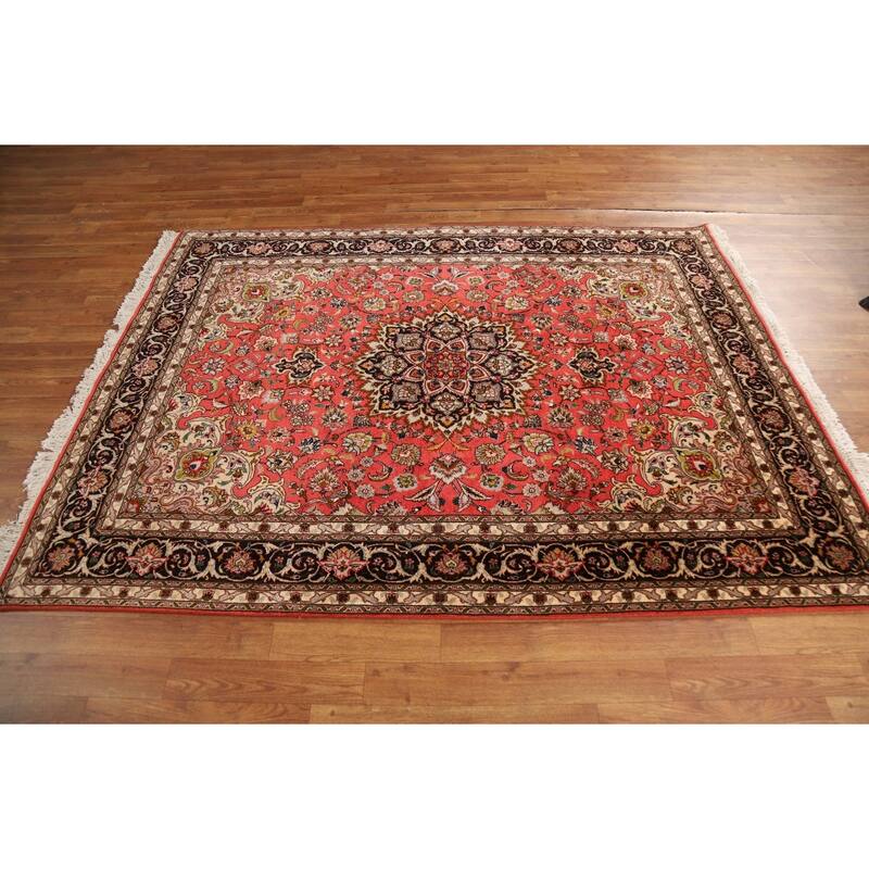 Hand-Knotted Red Floral Wool & Silk Tabriz Persian Rug - 5'1"x 6'9"