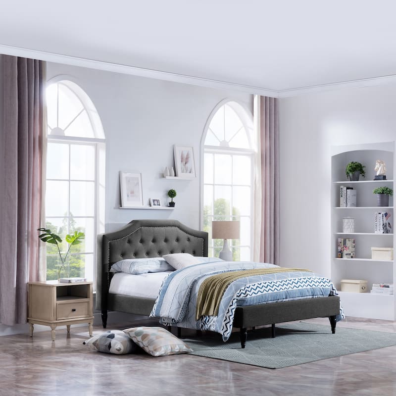 Queen Size Platform Bed with Metal Base Legs and Wood Slat Support, Upholstered Wingback Bed Frame with Tufted Button Headboard - Charcoal Grey - Queen