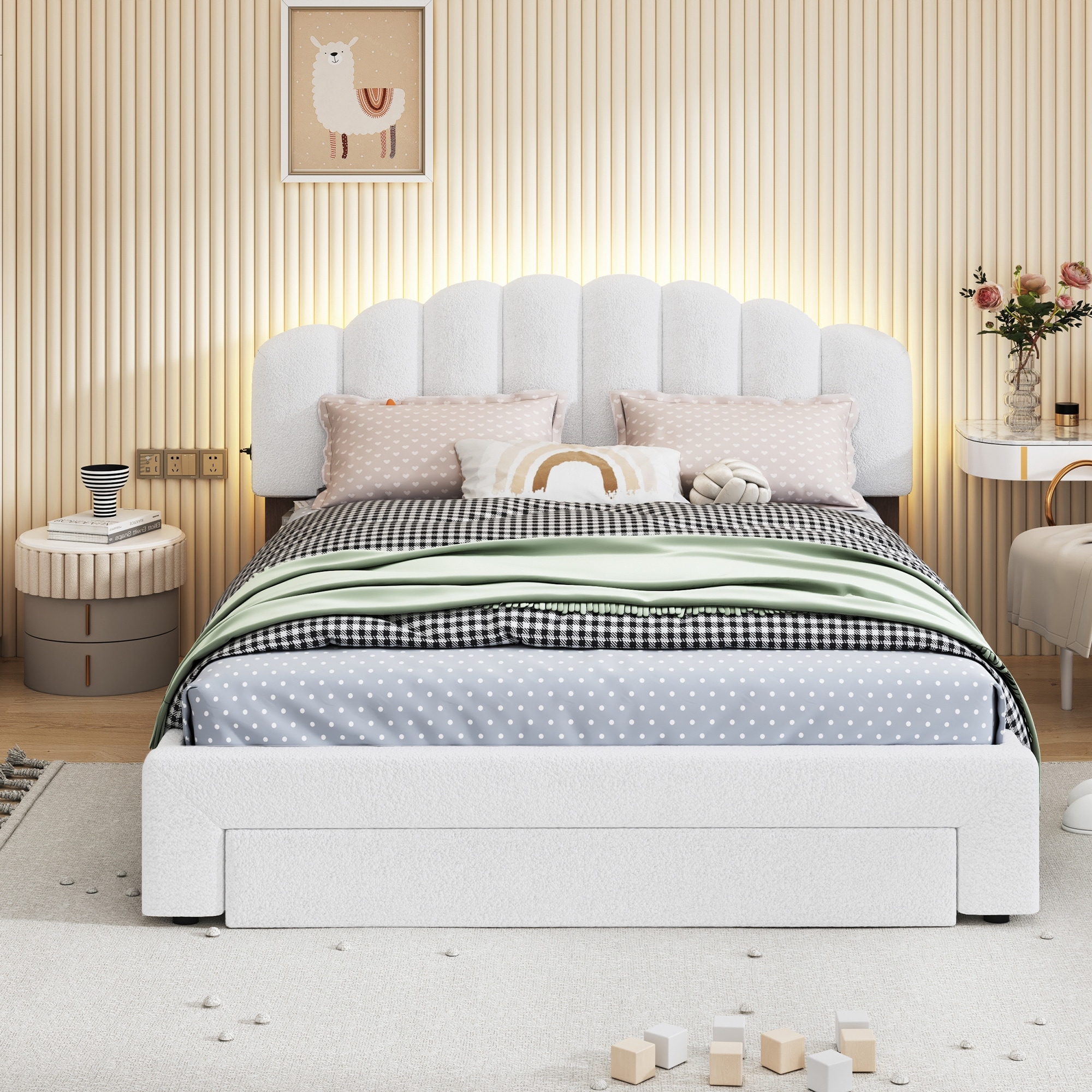 Teddy Fleece Upholstered Platform Bed with Drawer