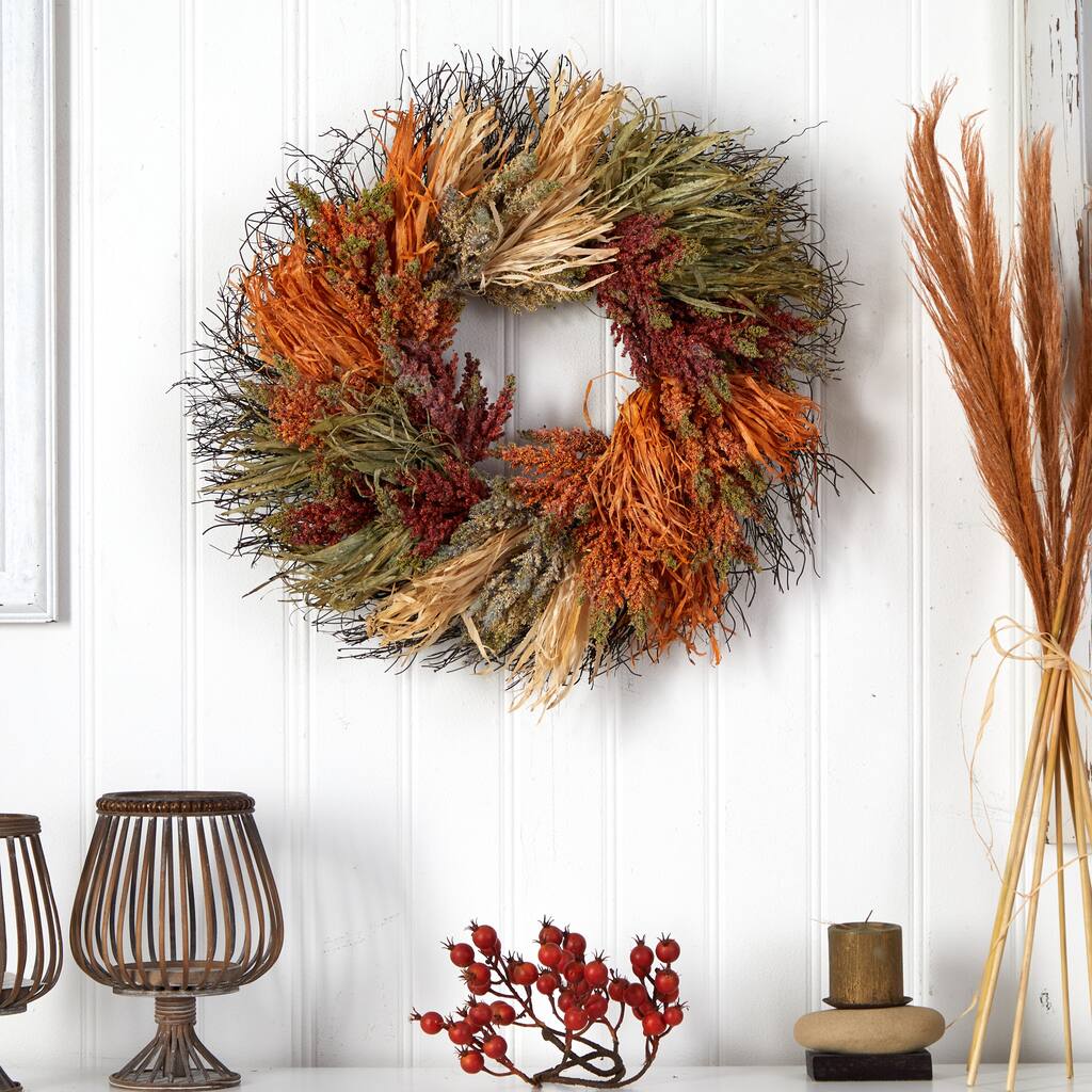 Sorghum Artificial Fall Harvest Wreath - 26" - Unlit
