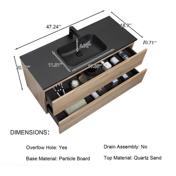 dimension image slide 0 of 4, Floating Bathroom Vanity in Evita Oak with Integrated Quartz Sand Top
