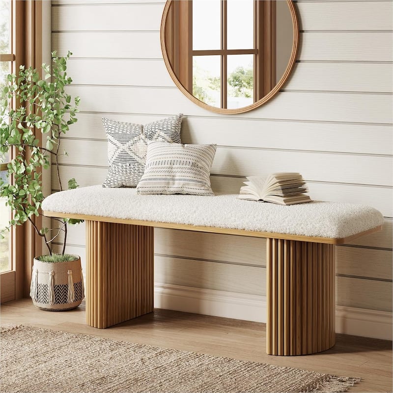 Modern Upholstered Solid Wood Entryway Bench, Shoe Bench End of Bed Bench for Bedroom, Entryway, Mudroom, Easy Assembly - White & Brown