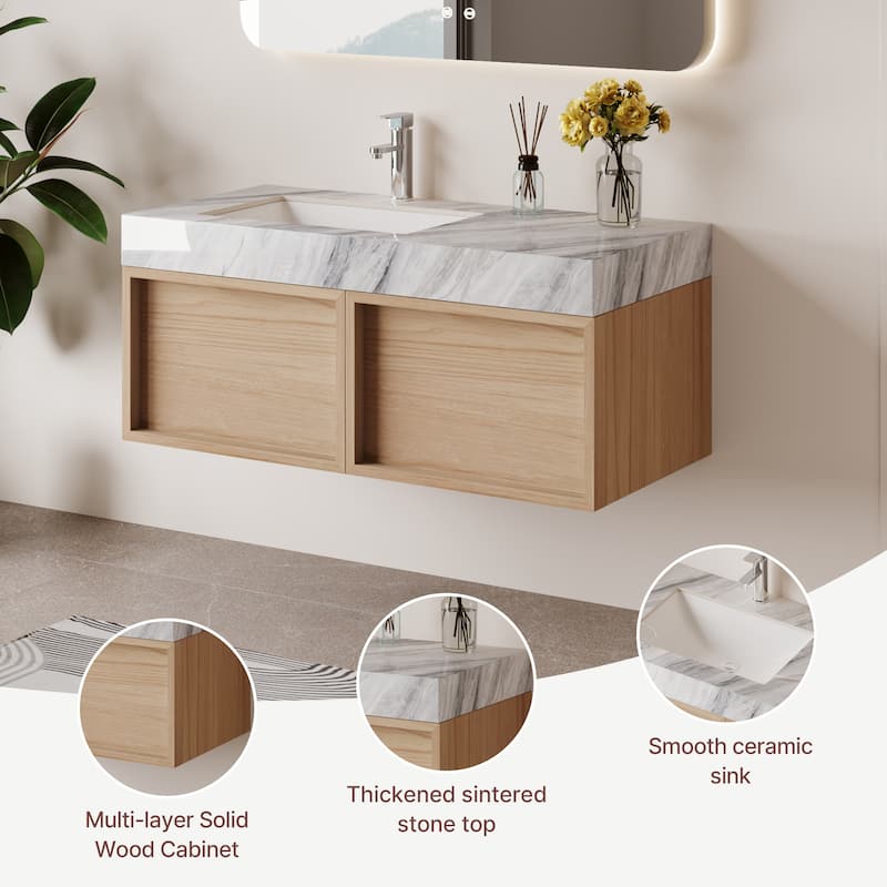 36" Modern Floating Bathroom Vanities, Sintered Stone Table top with Solid Wood Cabinets, Not Assembled Need
