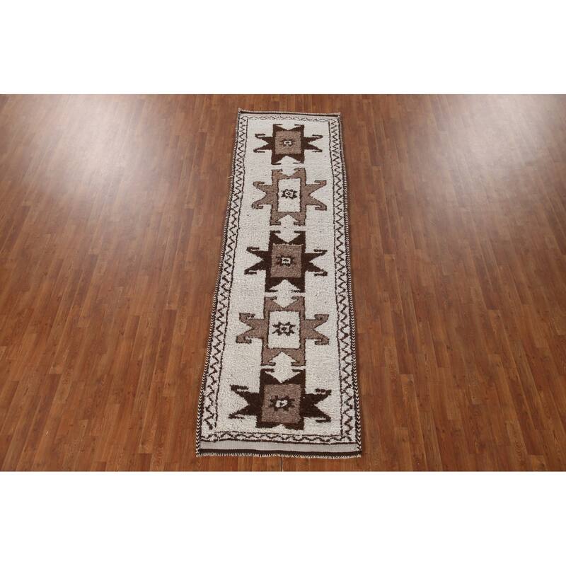 Natural Dye Beige Tribal Anatolian Runner Rug Hand-knotted Wool Carpet - 3'2"x 10'9"