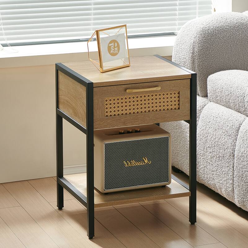Rattan End Table with Drawer and Metal Legs