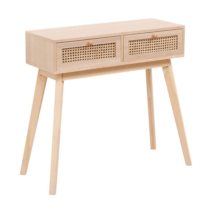 Side table with two real rattan drawers, solid wood table legs,can be used in the dining room, living room,bedroom