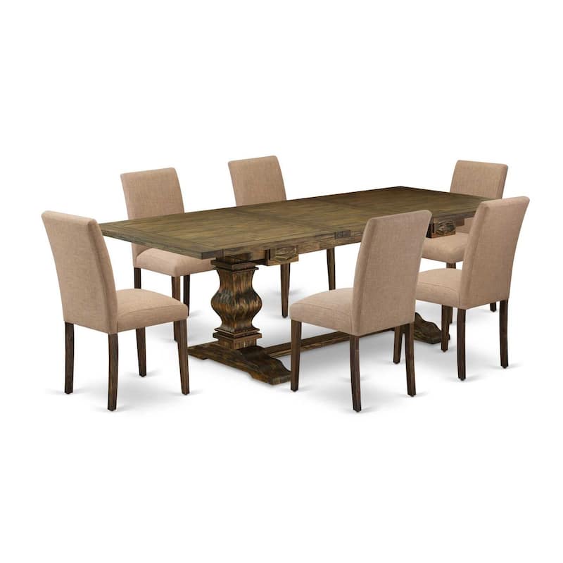Kitchen Dining Room Table Set - 7Pc Table & 6 Parsons Chairs - Linen Fabric - Distressed Jacobean Finish